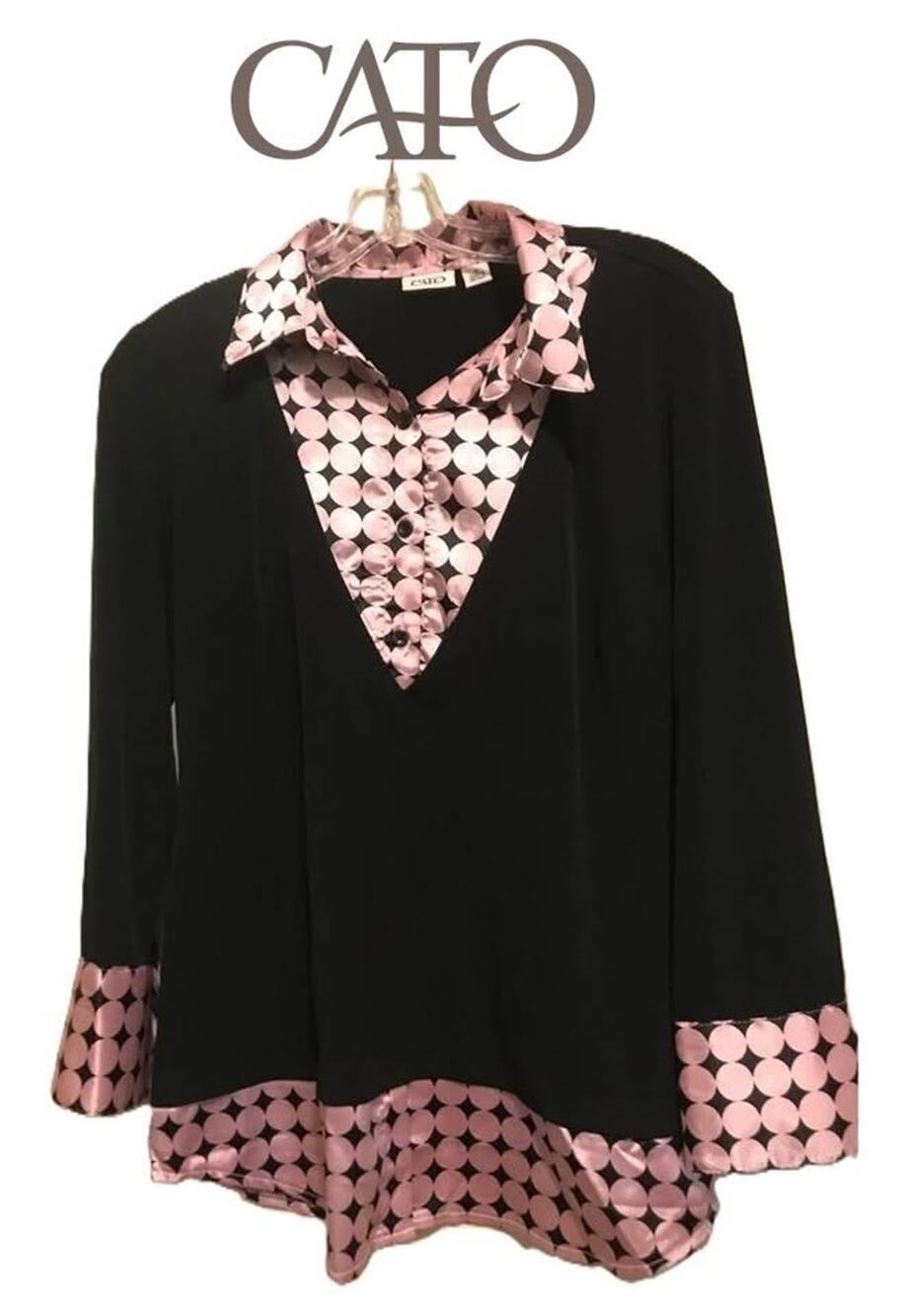 EUC 💗 CATO Black & Pink Satin Polka Dot Layered Look Tunic Blouse